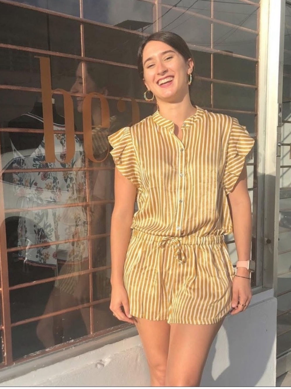 Olivaceous Mustard and White Striped Flutter Sleeve Romper